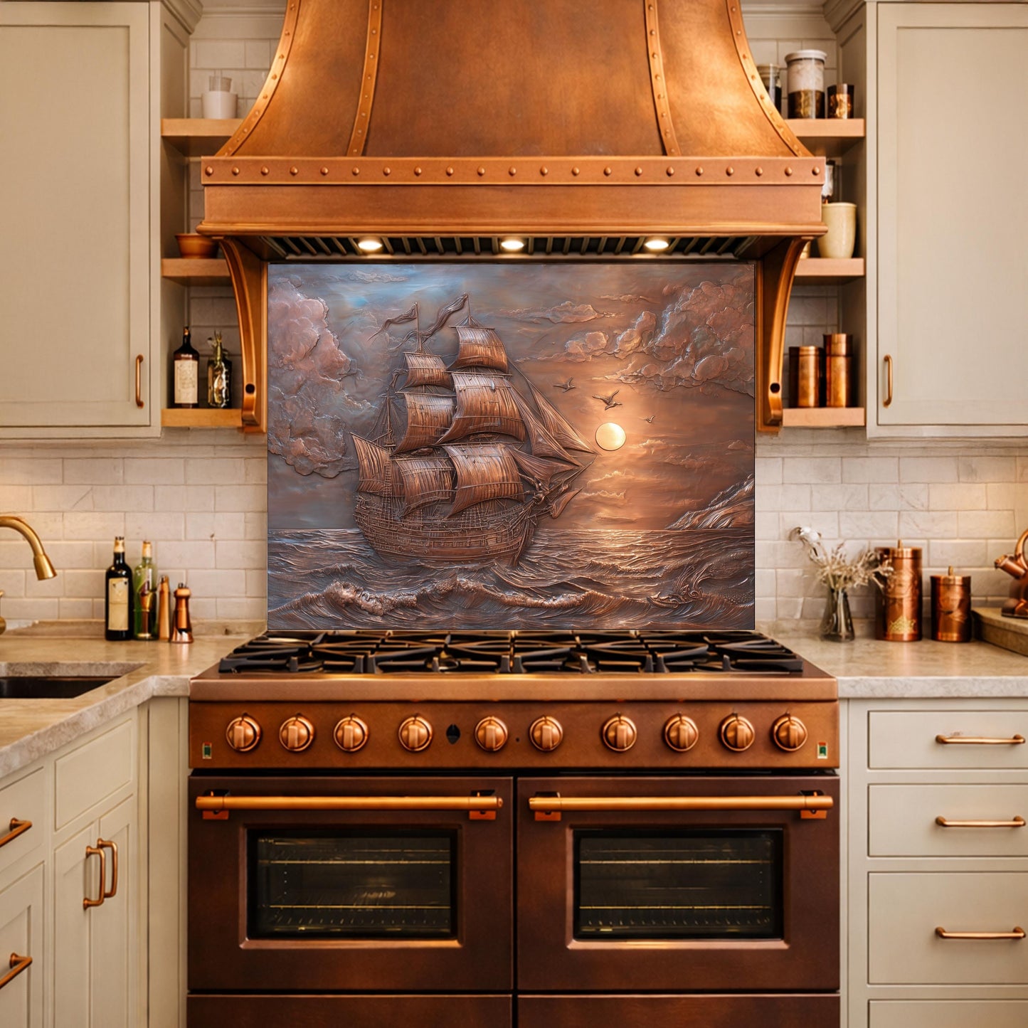 Sailing Ship at Sunset Tempered Glass Backsplash, Copper Relief Look Wall Panel
