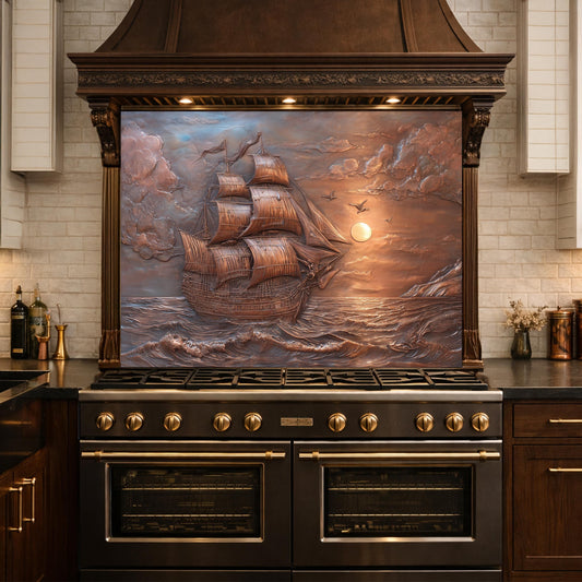 Sailing Ship at Sunset Tempered Glass Backsplash, Copper Relief Look Wall Panel