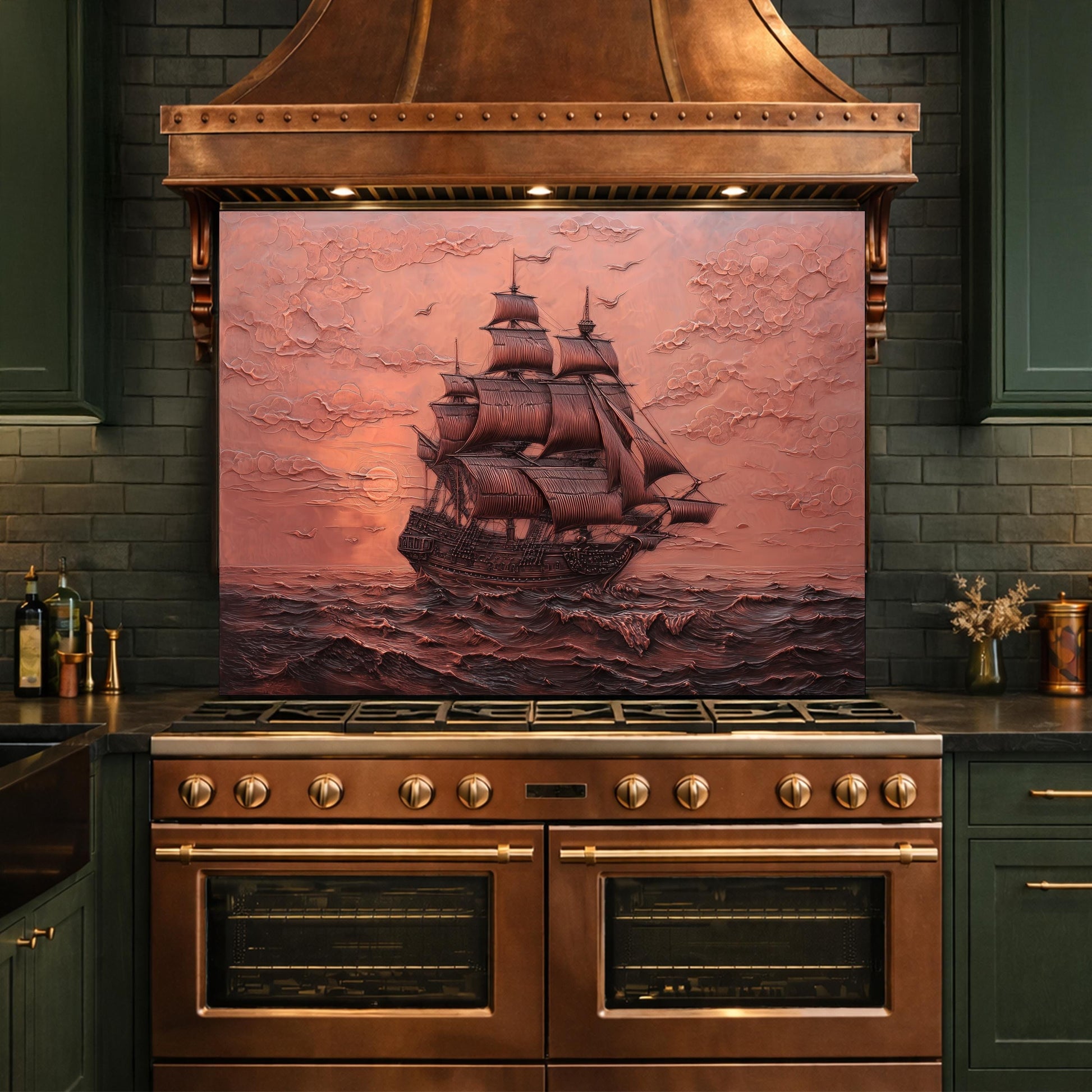 Maritime Sailing Ship Tempered Glass Backsplash, Copper Relief Look Wall Panel, Stove Guard