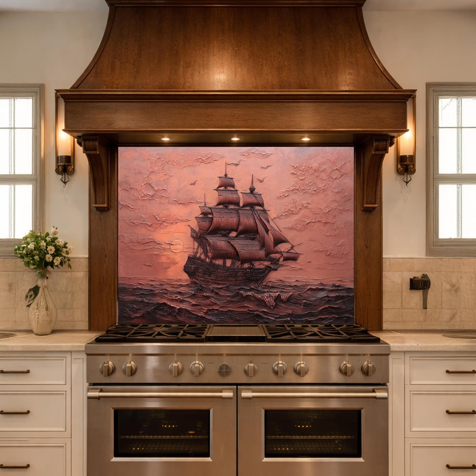 Maritime Sailing Ship Tempered Glass Backsplash, Copper Relief Look Wall Panel, Stove Guard
