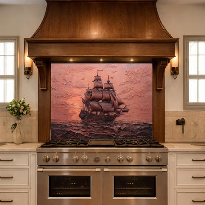 Maritime Sailing Ship Tempered Glass Backsplash, Copper Relief Look Wall Panel, Stove Guard