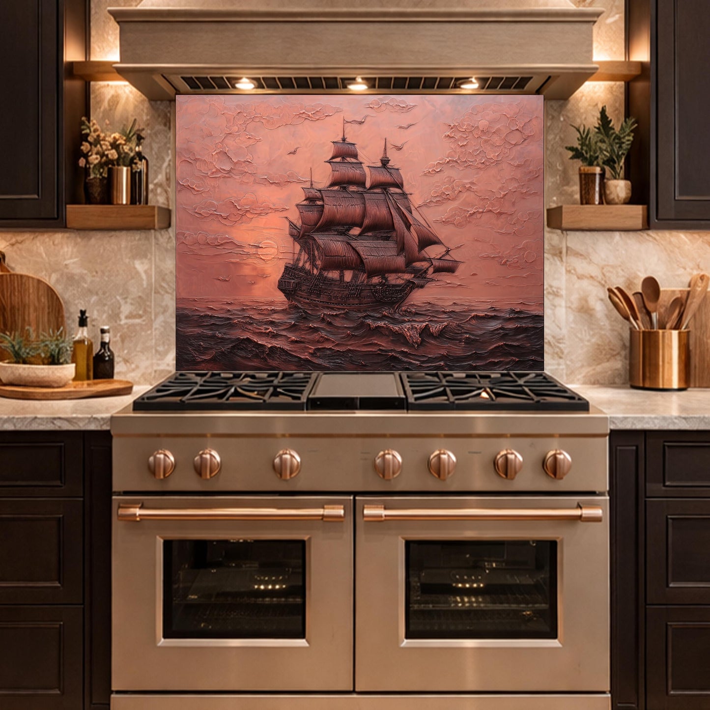 Maritime Sailing Ship Tempered Glass Backsplash, Copper Relief Look Wall Panel, Stove Guard