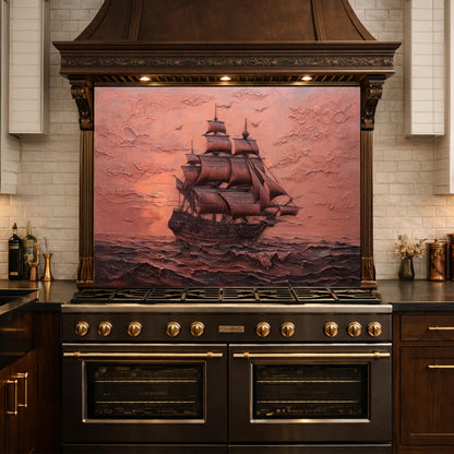 Maritime Sailing Ship Tempered Glass Backsplash, Copper Relief Look Wall Panel, Stove Guard