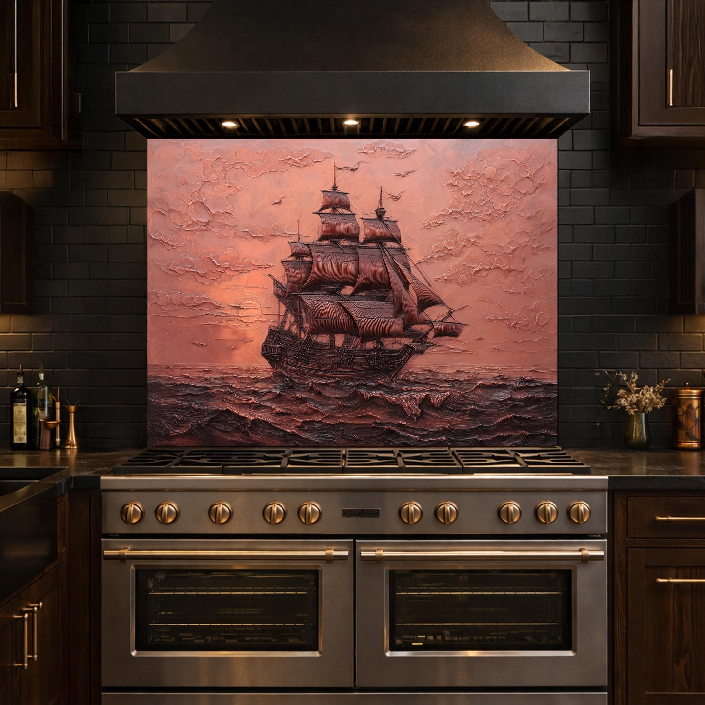 Maritime Sailing Ship Tempered Glass Backsplash, Copper Relief Look Wall Panel, Stove Guard