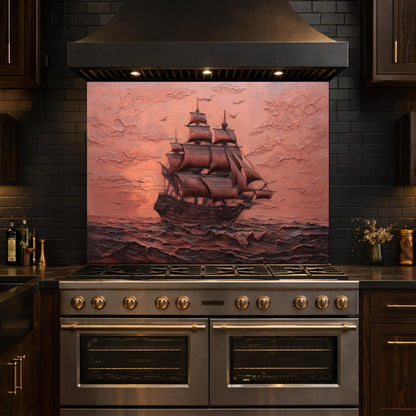 Maritime Sailing Ship Tempered Glass Backsplash, Copper Relief Look Wall Panel, Stove Guard