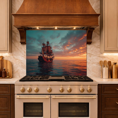 Classic Galleon Tempered Glass Backsplash, Copper Relief Look Wall Panel, Stove Guard