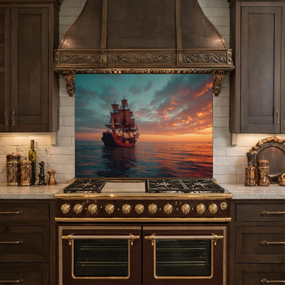 Classic Galleon Tempered Glass Backsplash, Copper Relief Look Wall Panel, Stove Guard