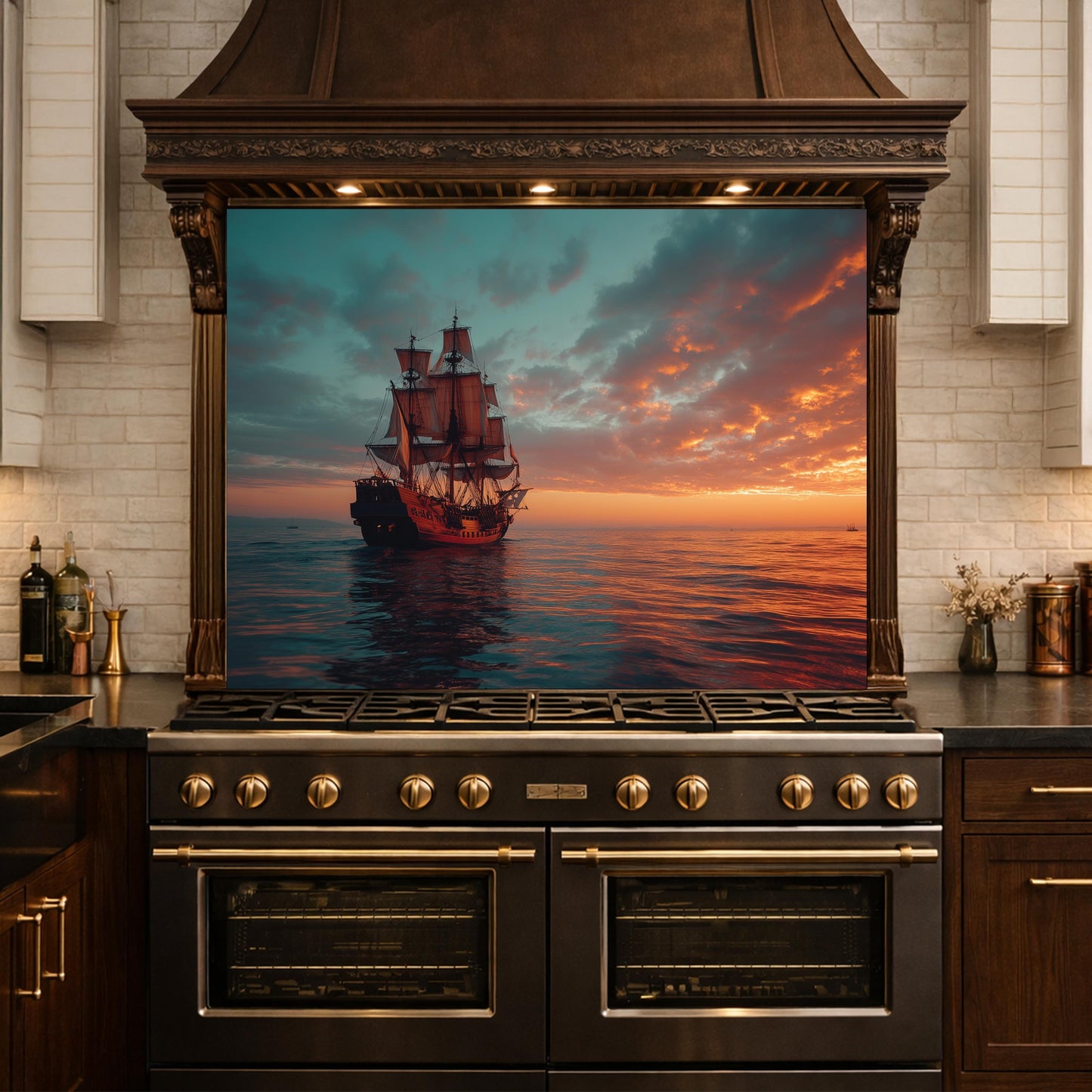 Classic Galleon Tempered Glass Backsplash, Copper Relief Look Wall Panel, Stove Guard