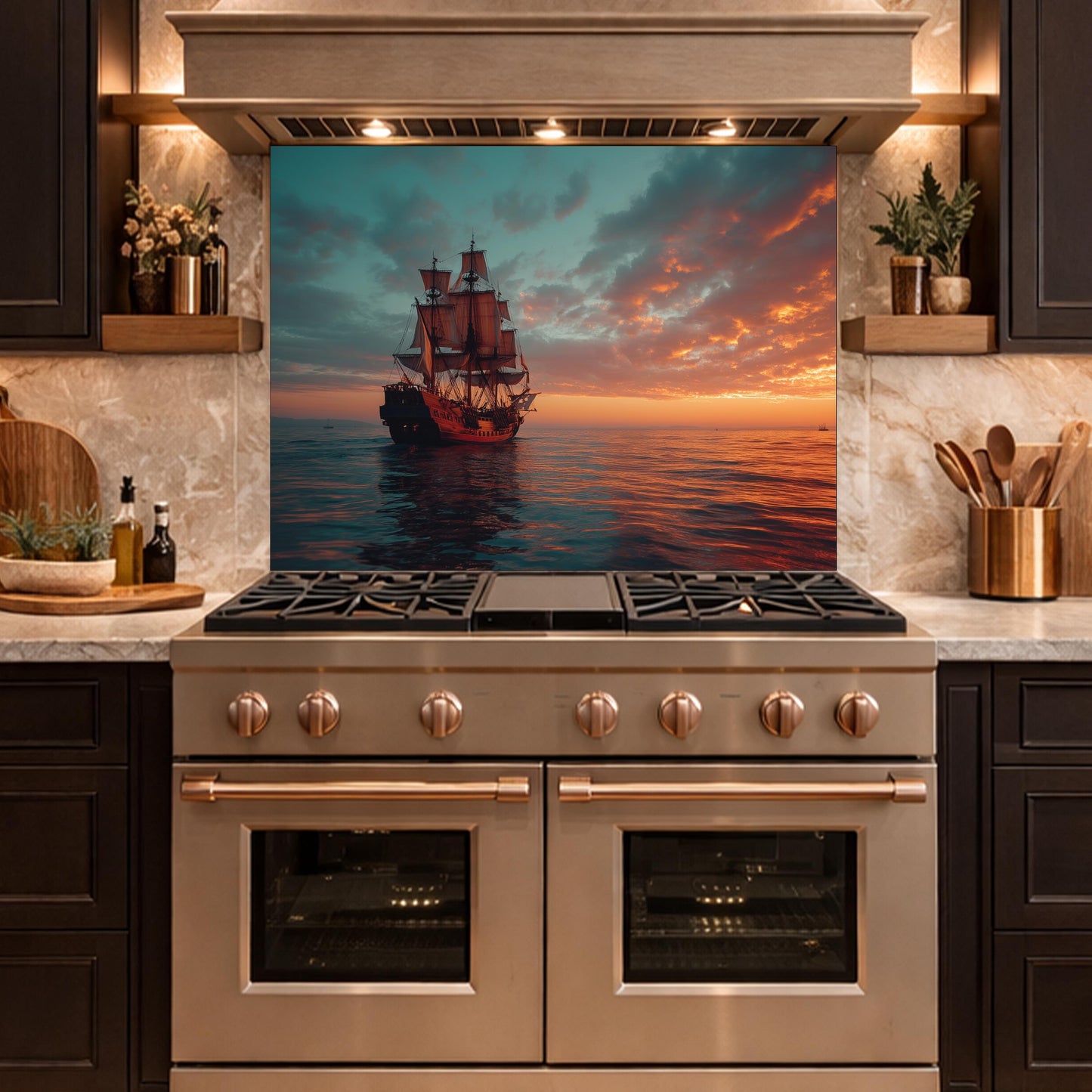 Classic Galleon Tempered Glass Backsplash, Copper Relief Look Wall Panel, Stove Guard