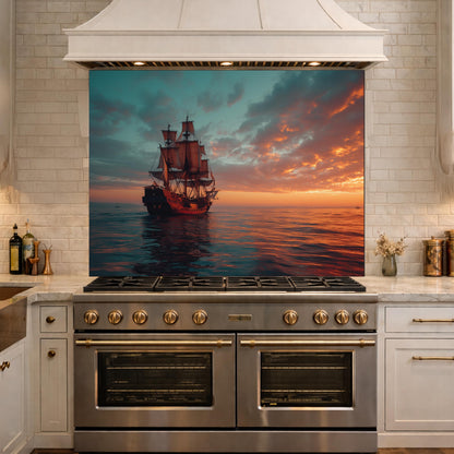 Classic Galleon Tempered Glass Backsplash, Copper Relief Look Wall Panel, Stove Guard
