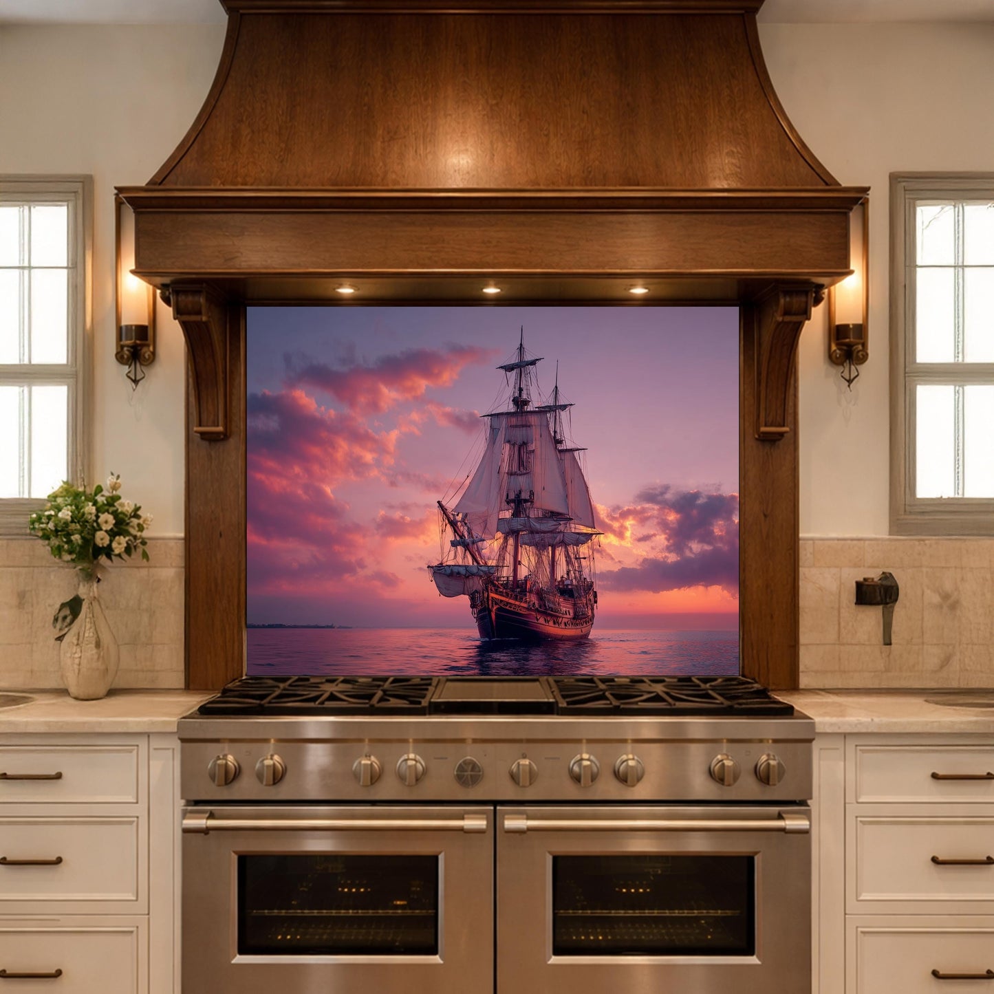 Majestic Galleon Tempered Glass Backsplash, Copper Relief Look Wall Panel, Stove Guard