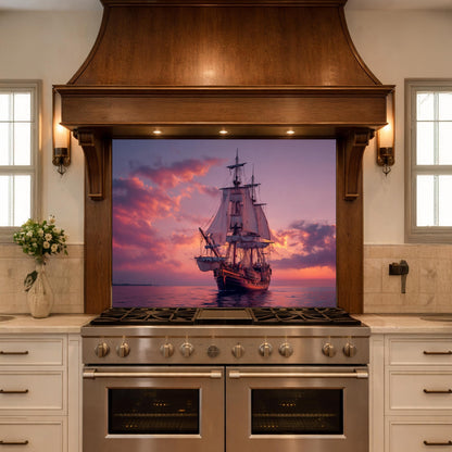 Majestic Galleon Tempered Glass Backsplash, Copper Relief Look Wall Panel, Stove Guard