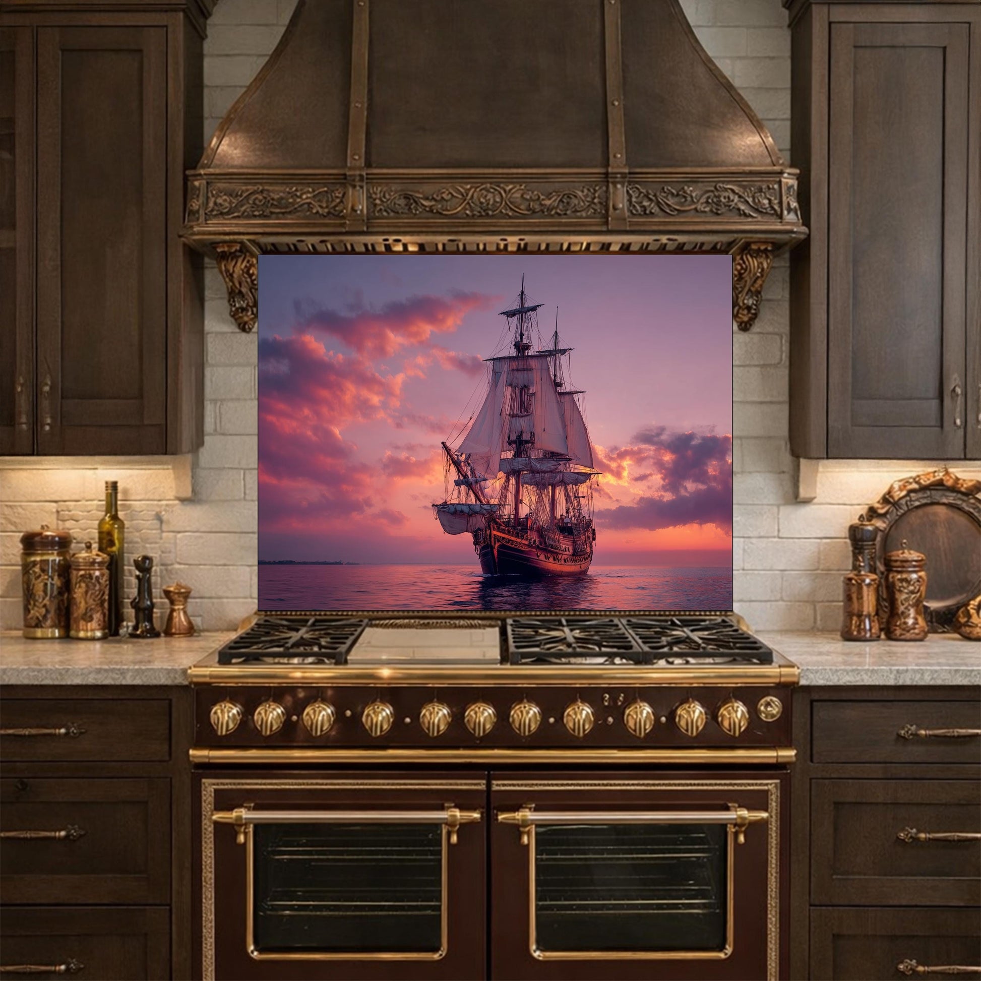 Majestic Galleon Tempered Glass Backsplash, Copper Relief Look Wall Panel, Stove Guard