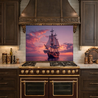 Majestic Galleon Tempered Glass Backsplash, Copper Relief Look Wall Panel, Stove Guard