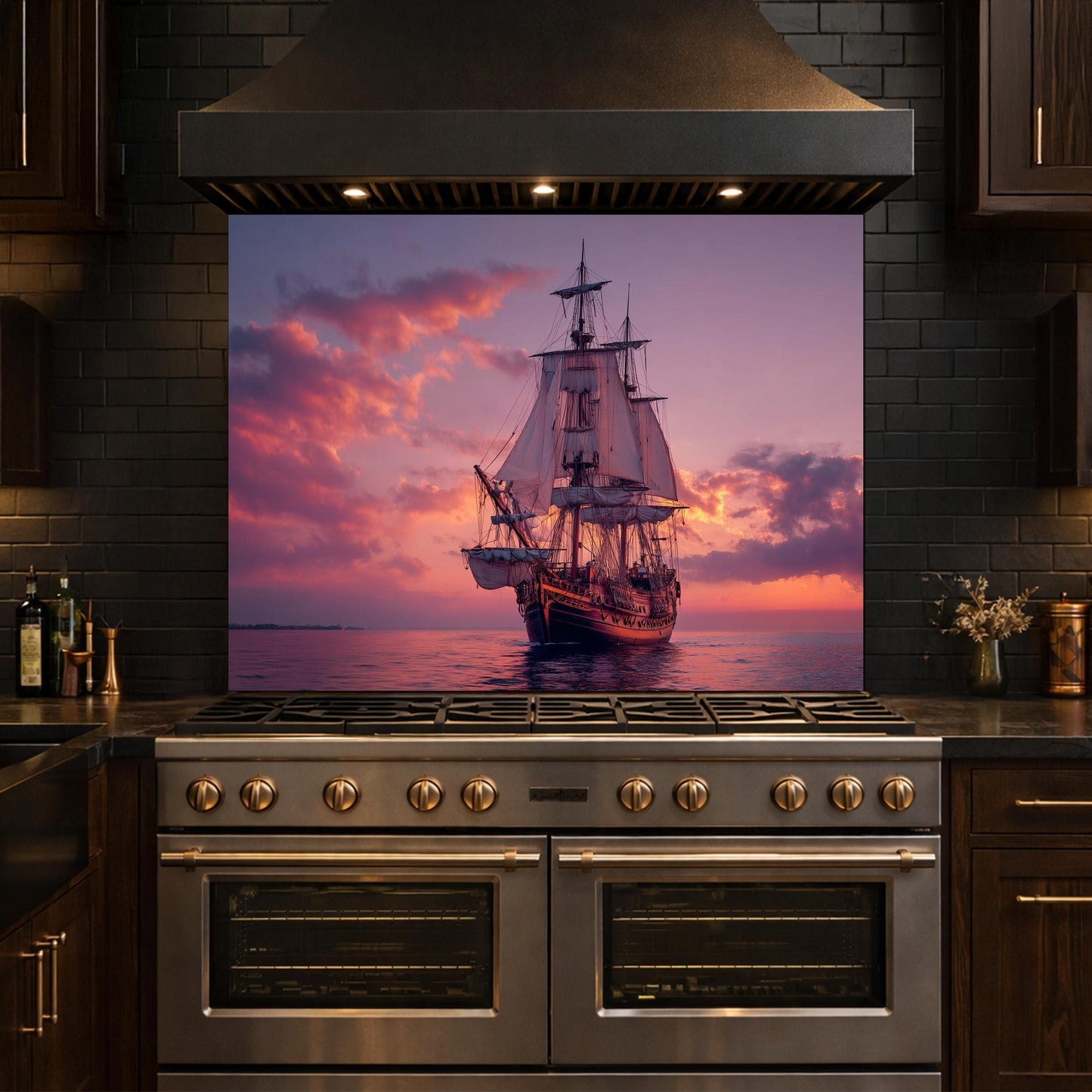 Majestic Galleon Tempered Glass Backsplash, Copper Relief Look Wall Panel, Stove Guard