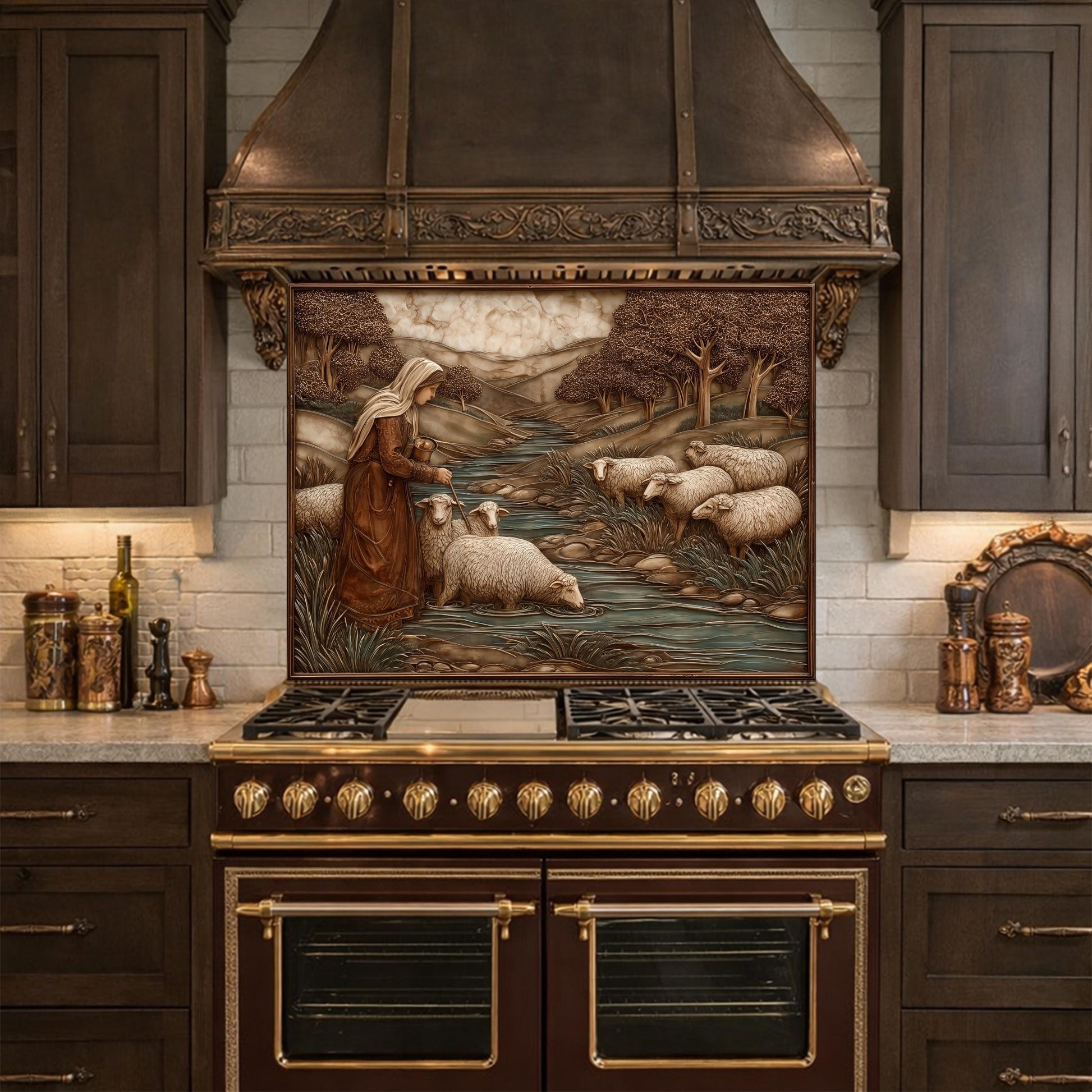Pastoral Shepherdess and Flock Tempered Glass Backsplash, Copper Relief Look Wall Panel, Stove Guard
