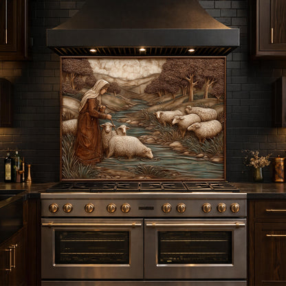 Pastoral Shepherdess and Flock Tempered Glass Backsplash, Copper Relief Look Wall Panel, Stove Guard