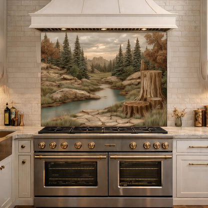 Mountain Wilderness Tempered Glass Backsplash, Copper Relief Look Wall Panel, Stove Guard