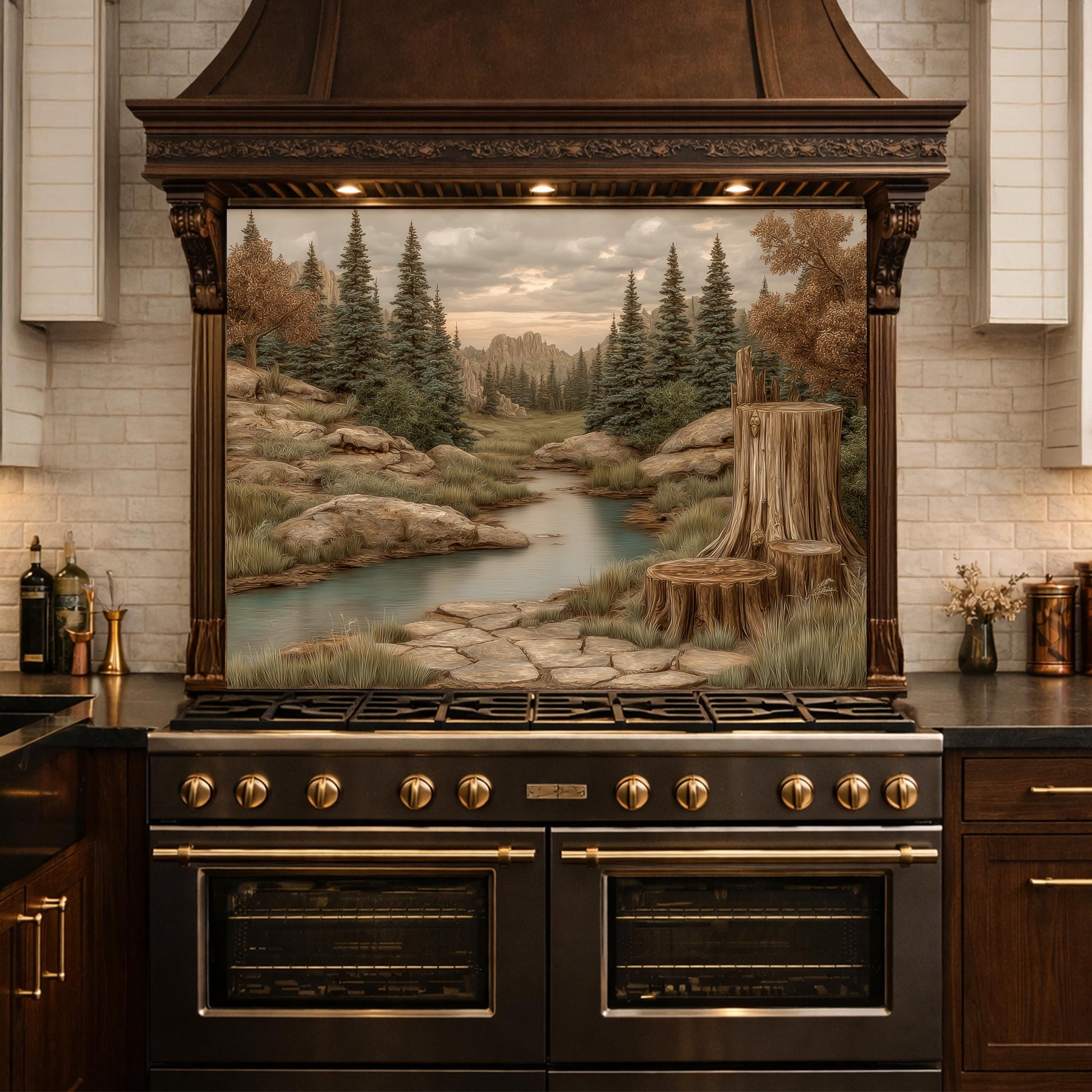 Mountain Wilderness Tempered Glass Backsplash, Copper Relief Look Wall Panel, Stove Guard