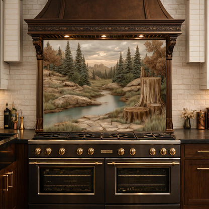 Mountain Wilderness Tempered Glass Backsplash, Copper Relief Look Wall Panel, Stove Guard