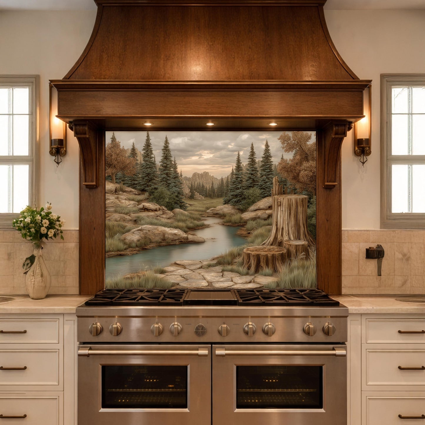 Mountain Wilderness Tempered Glass Backsplash, Copper Relief Look Wall Panel, Stove Guard