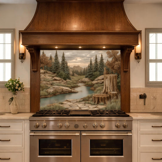 Mountain Wilderness Tempered Glass Backsplash, Copper Relief Look Wall Panel, Stove Guard
