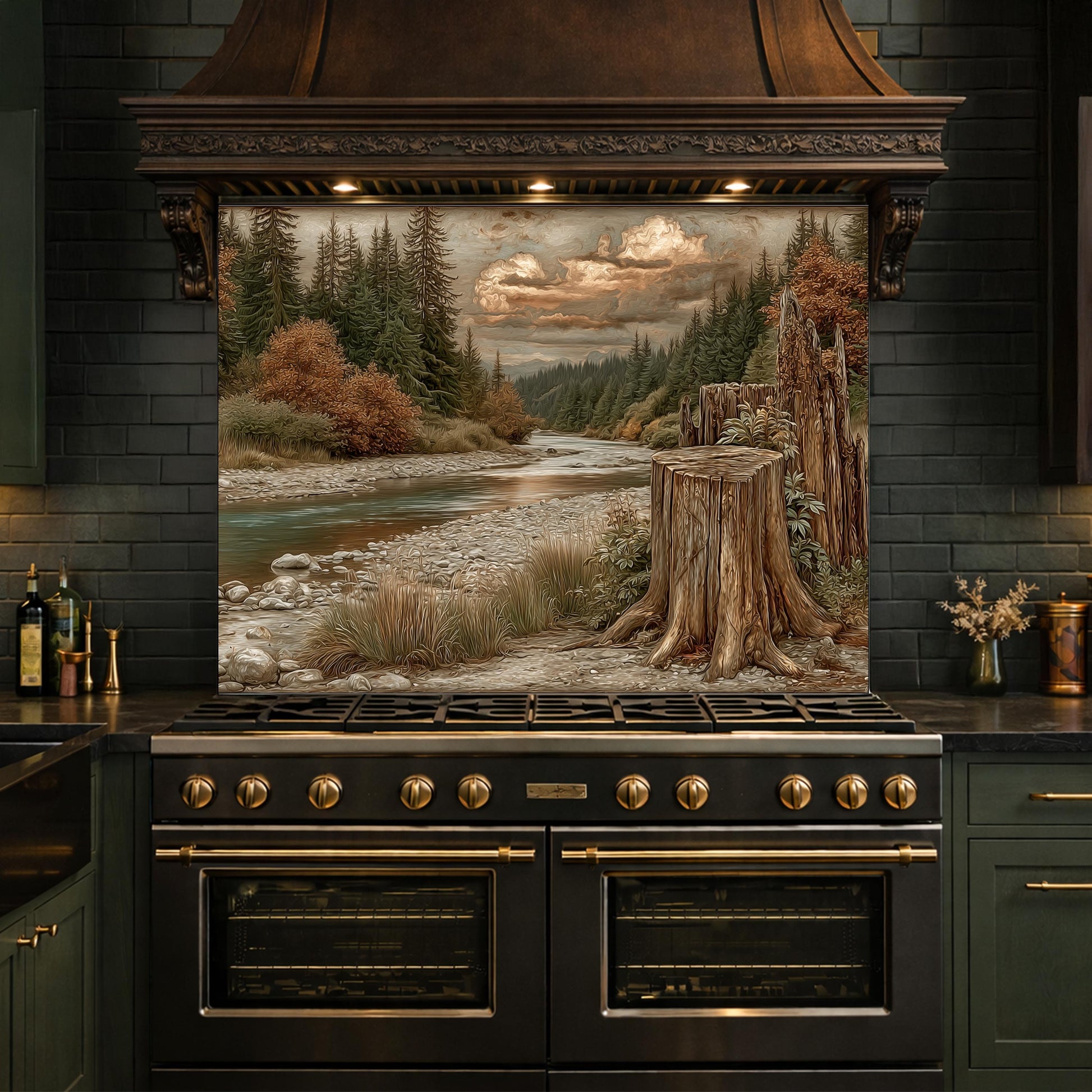 Mountain River Landscape Tempered Glass Backsplash, Copper Relief Look Wall Panel, Stove Guard
