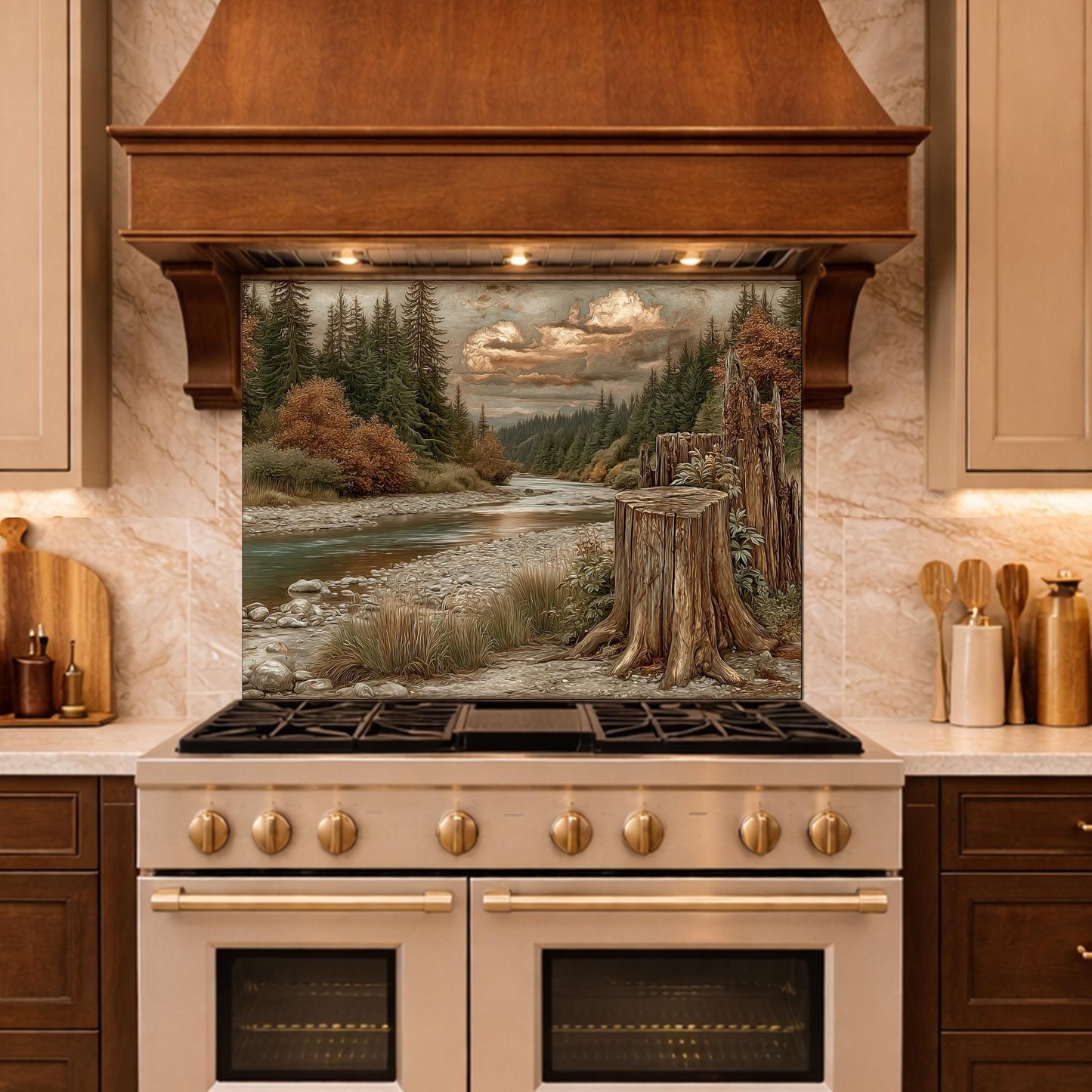 Mountain River Landscape Tempered Glass Backsplash, Copper Relief Look Wall Panel, Stove Guard