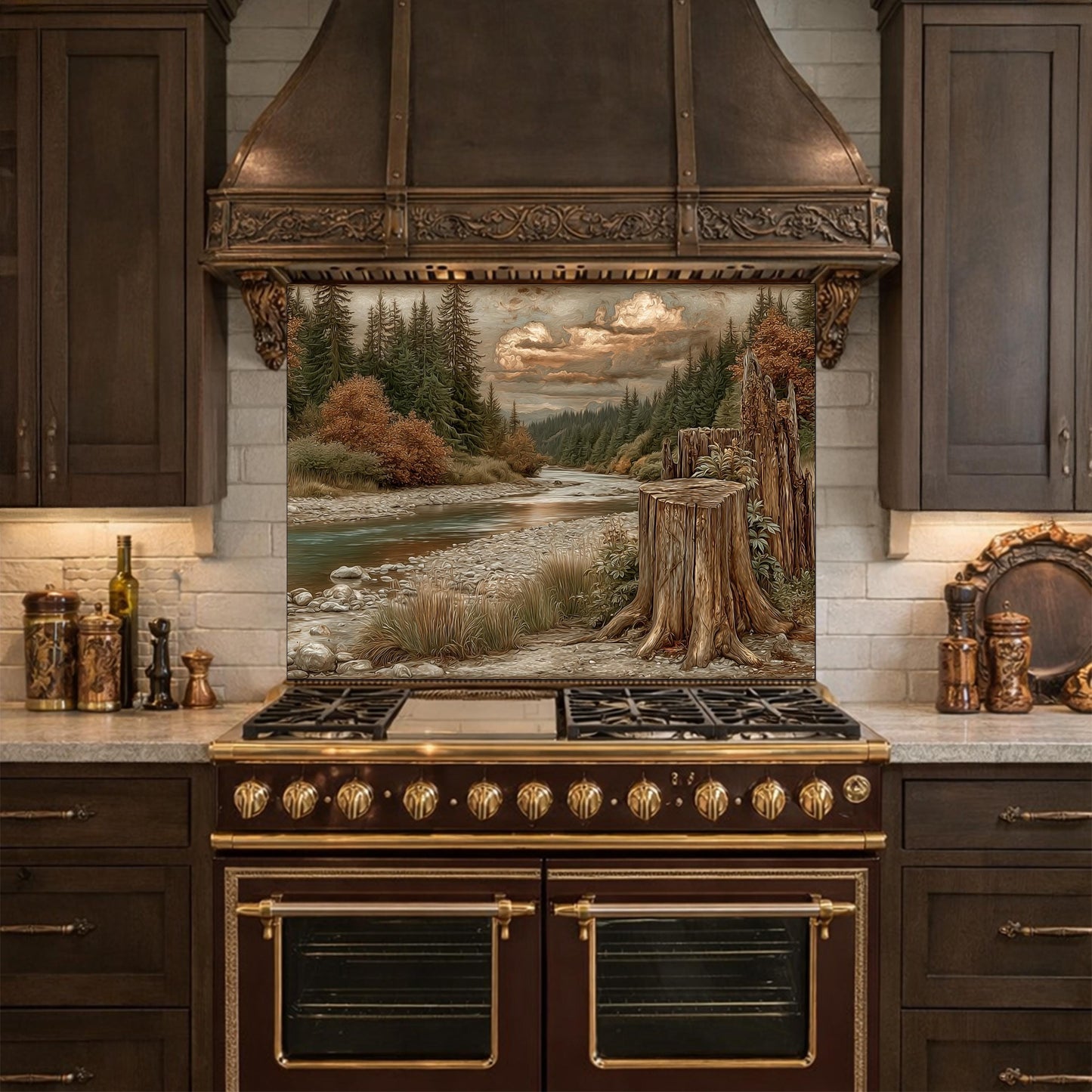 Mountain River Landscape Tempered Glass Backsplash, Copper Relief Look Wall Panel, Stove Guard