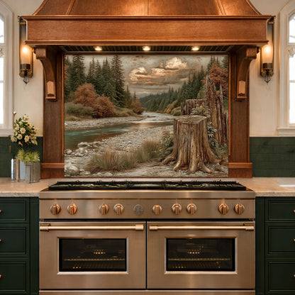 Mountain River Landscape Tempered Glass Backsplash, Copper Relief Look Wall Panel, Stove Guard
