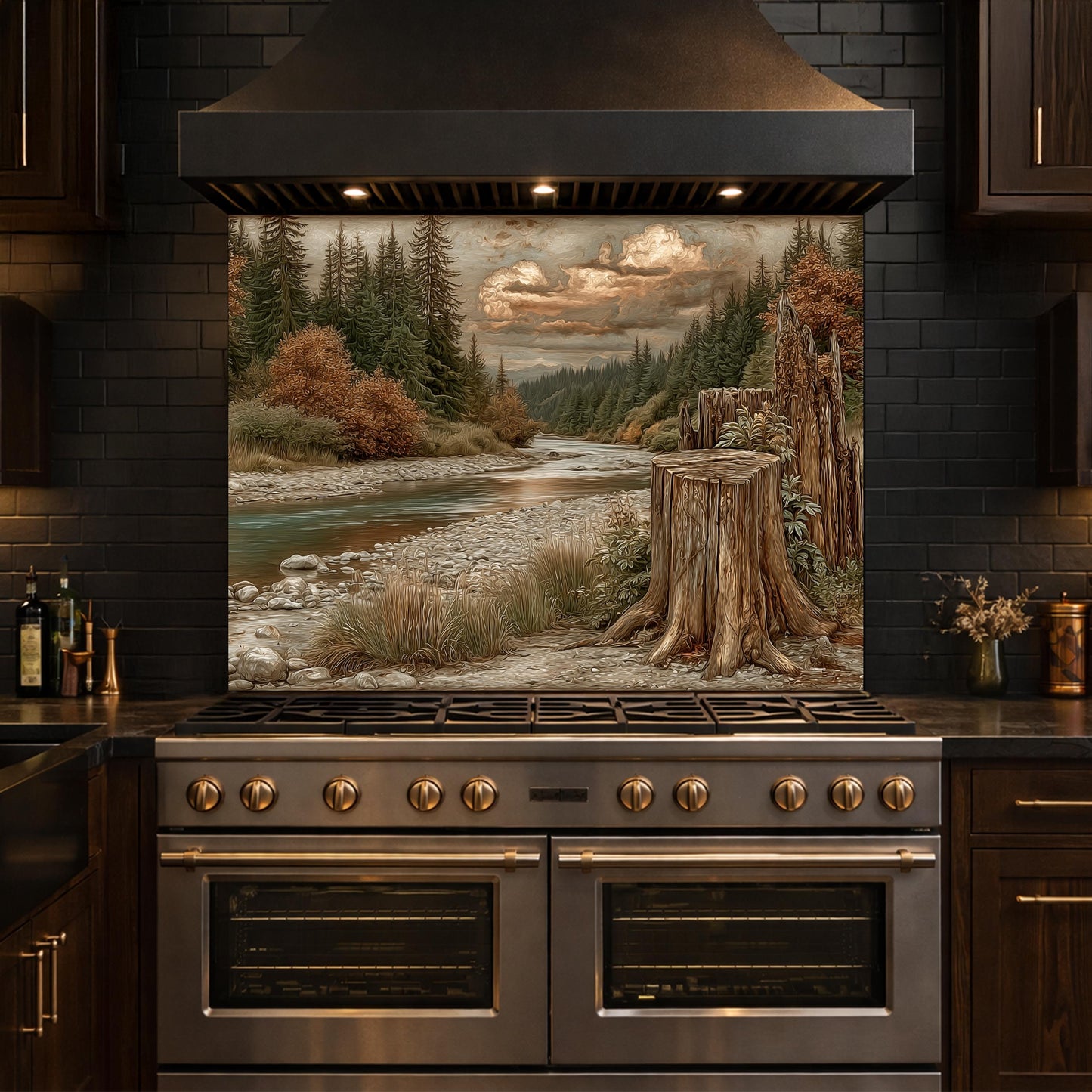 Mountain River Landscape Tempered Glass Backsplash, Copper Relief Look Wall Panel, Stove Guard
