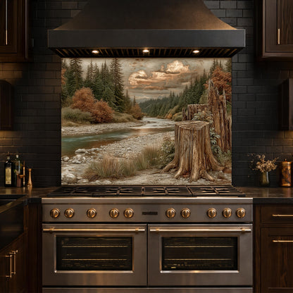 Mountain River Landscape Tempered Glass Backsplash, Copper Relief Look Wall Panel, Stove Guard