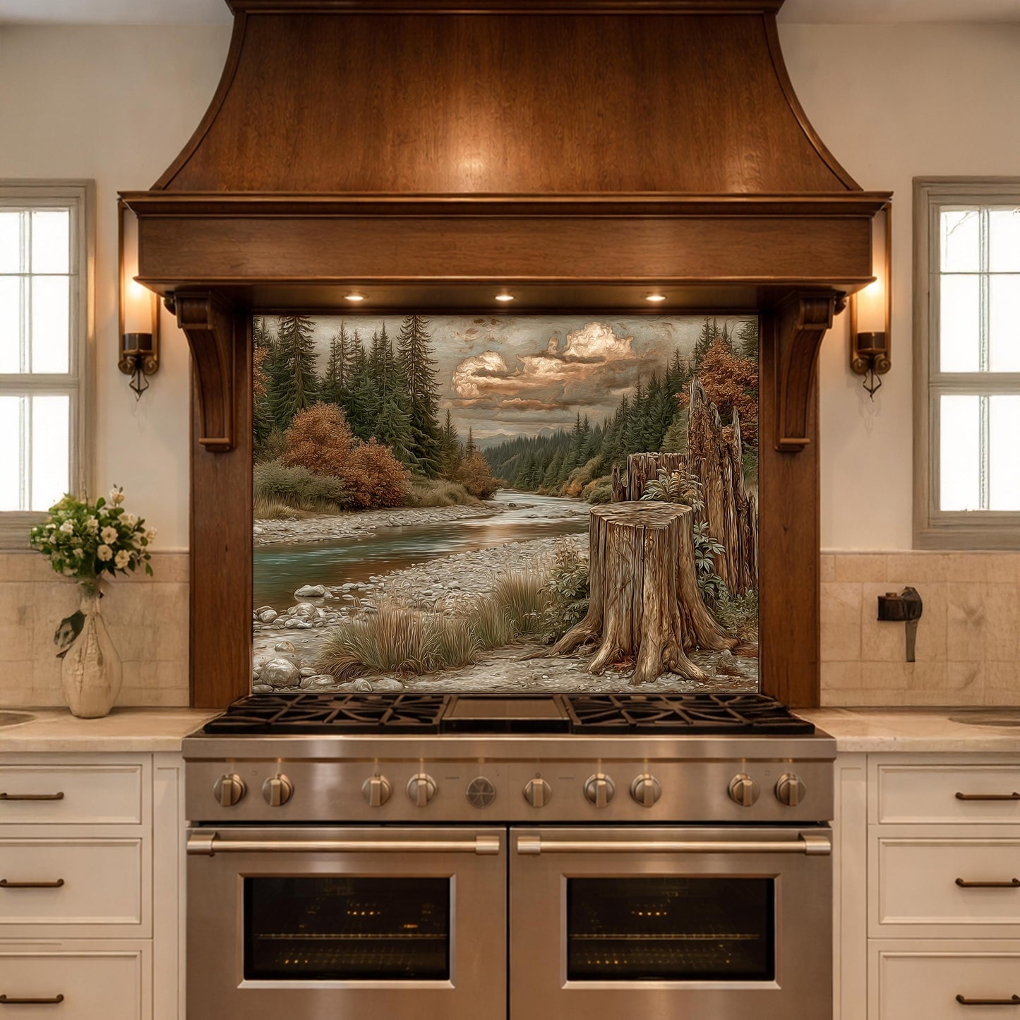 Mountain River Landscape Tempered Glass Backsplash, Copper Relief Look Wall Panel, Stove Guard