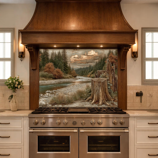 Mountain River Landscape Tempered Glass Backsplash, Copper Relief Look Wall Panel, Stove Guard