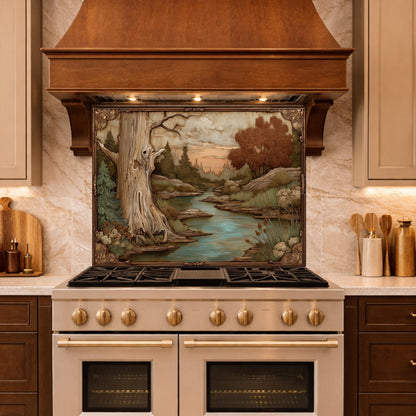 Moonlit Lake and Cabin Tempered Glass Backsplash, Copper Relief Look Wall Panel, Stove Guard