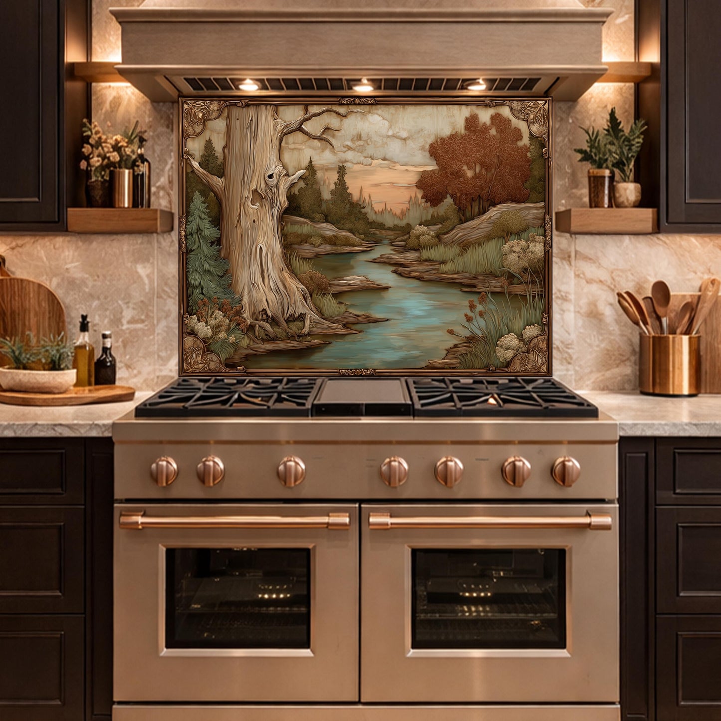 Moonlit Lake and Cabin Tempered Glass Backsplash, Copper Relief Look Wall Panel, Stove Guard