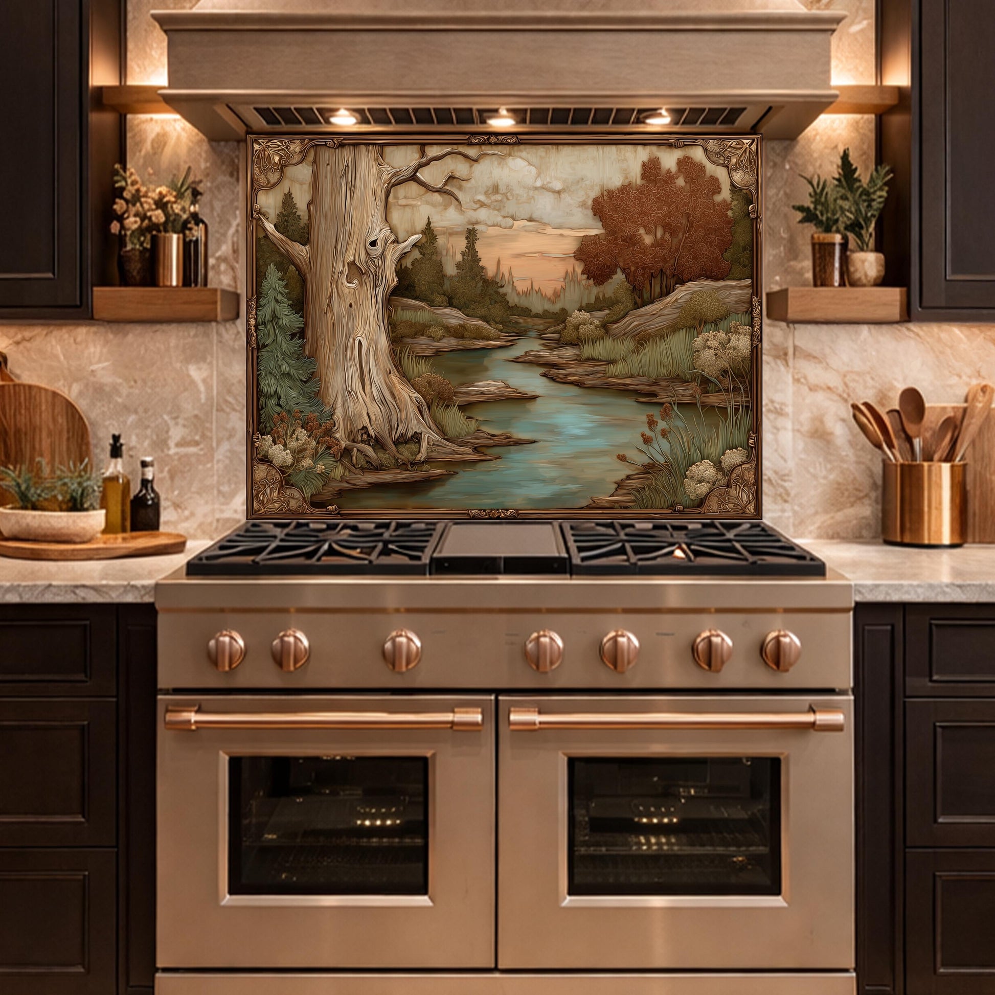 Moonlit Lake and Cabin Tempered Glass Backsplash, Copper Relief Look Wall Panel, Stove Guard