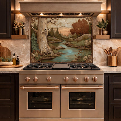 Moonlit Lake and Cabin Tempered Glass Backsplash, Copper Relief Look Wall Panel, Stove Guard
