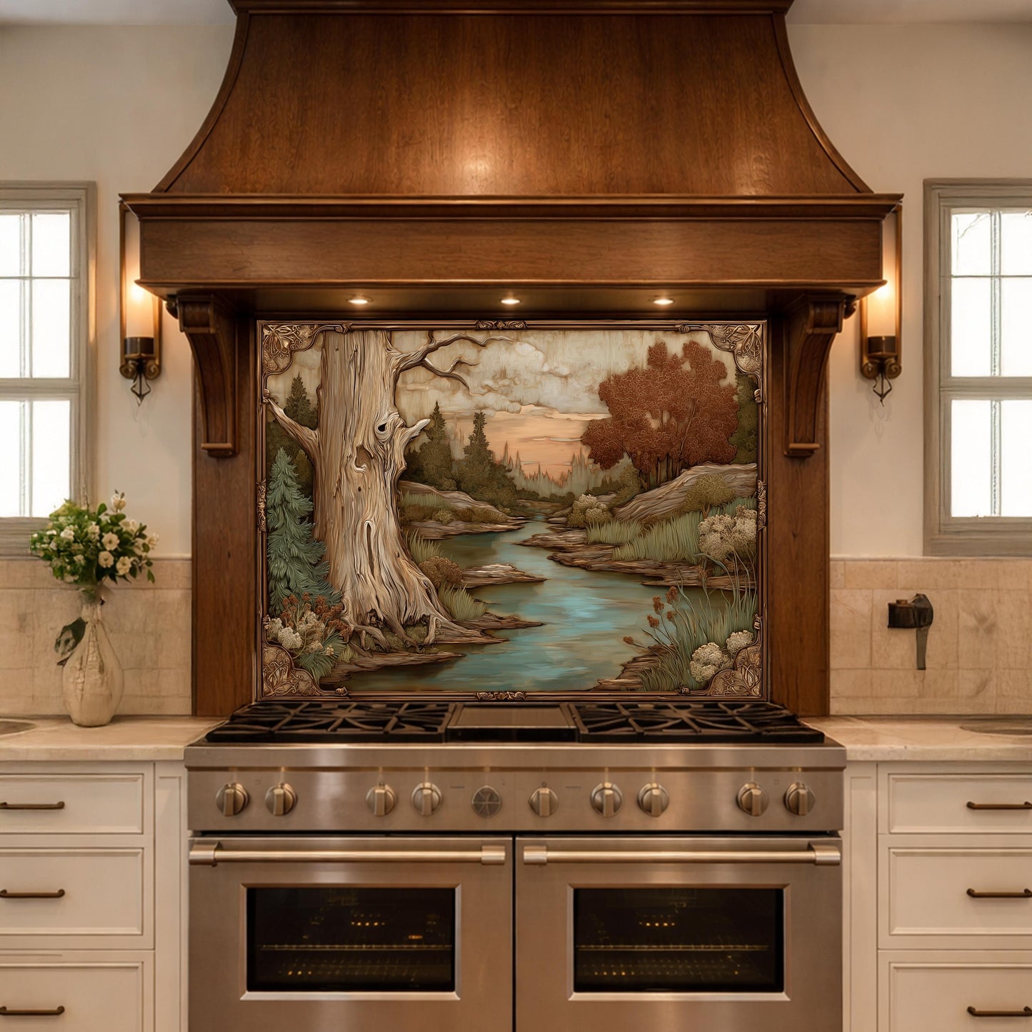 Moonlit Lake and Cabin Tempered Glass Backsplash, Copper Relief Look Wall Panel, Stove Guard
