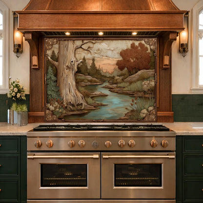 Moonlit Lake and Cabin Tempered Glass Backsplash, Copper Relief Look Wall Panel, Stove Guard