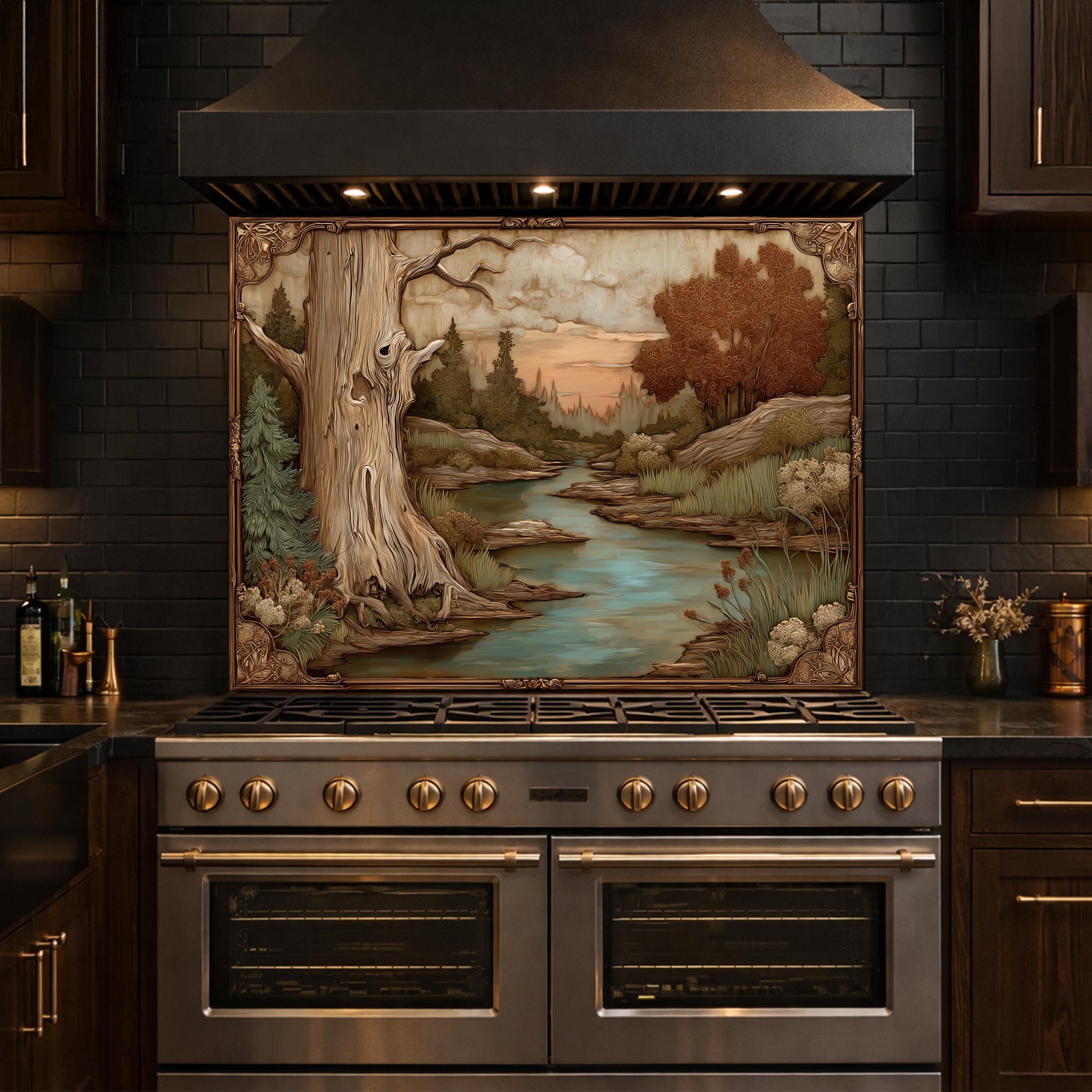 Moonlit Lake and Cabin Tempered Glass Backsplash, Copper Relief Look Wall Panel, Stove Guard
