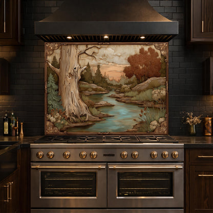 Moonlit Lake and Cabin Tempered Glass Backsplash, Copper Relief Look Wall Panel, Stove Guard