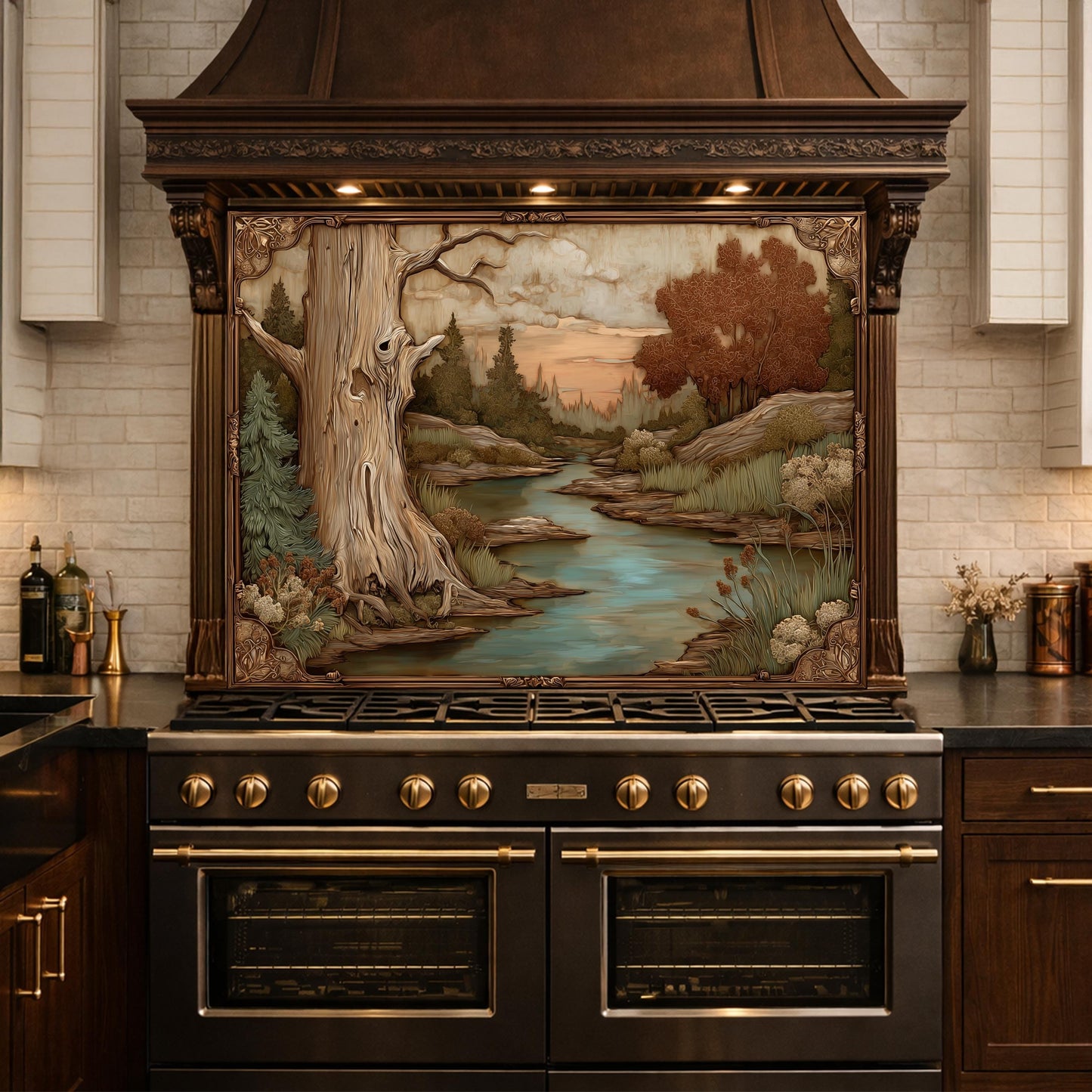 Moonlit Lake and Cabin Tempered Glass Backsplash, Copper Relief Look Wall Panel, Stove Guard