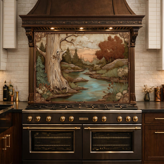 Moonlit Lake and Cabin Tempered Glass Backsplash, Copper Relief Look Wall Panel, Stove Guard