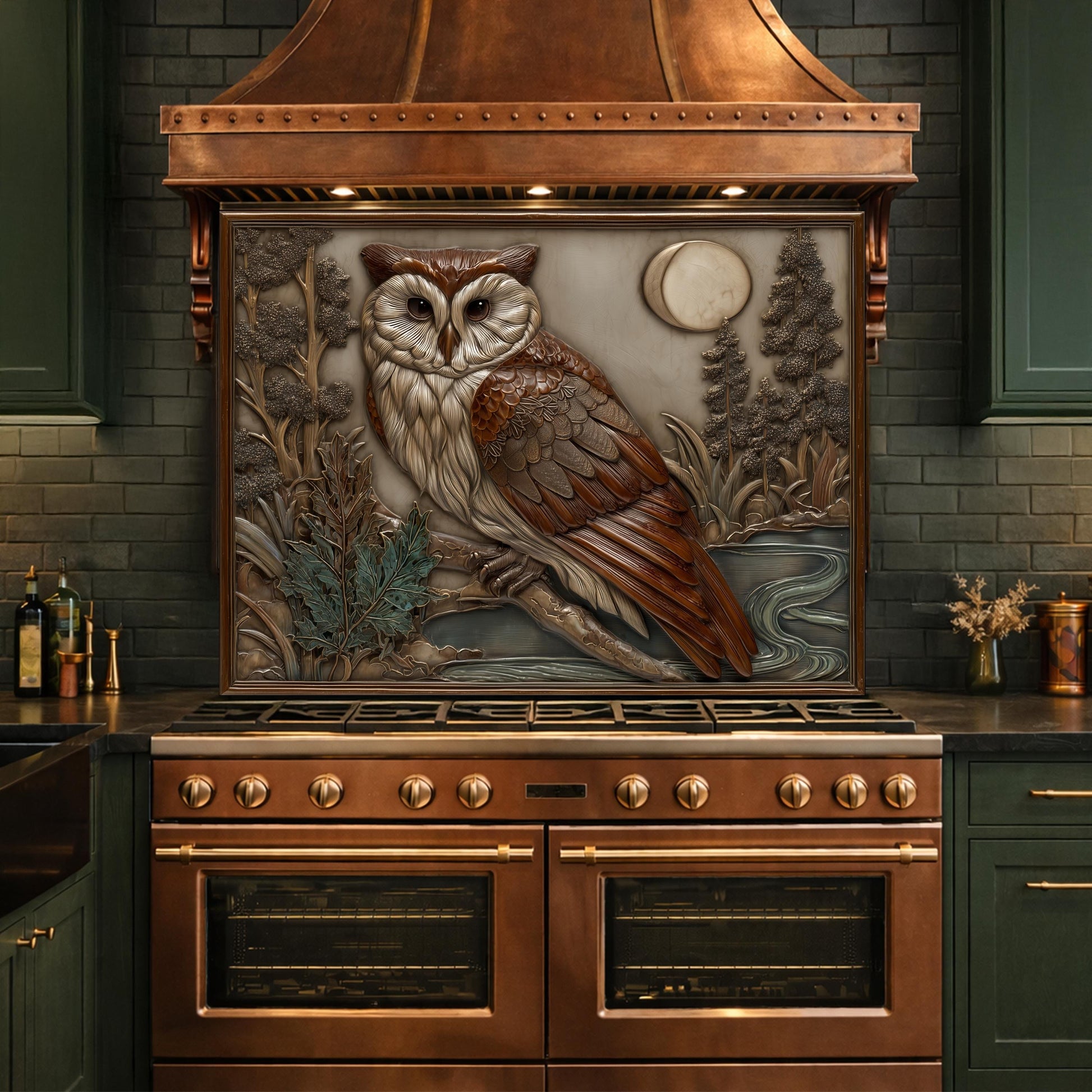 Moonlit Owl and Forest Tempered Glass Backsplash, Copper Relief Look Wall Panel