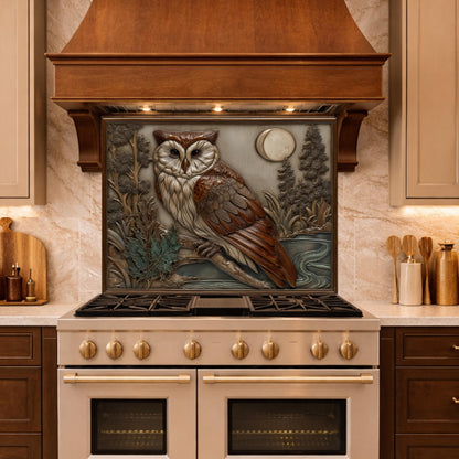 Moonlit Owl and Forest Tempered Glass Backsplash, Copper Relief Look Wall Panel