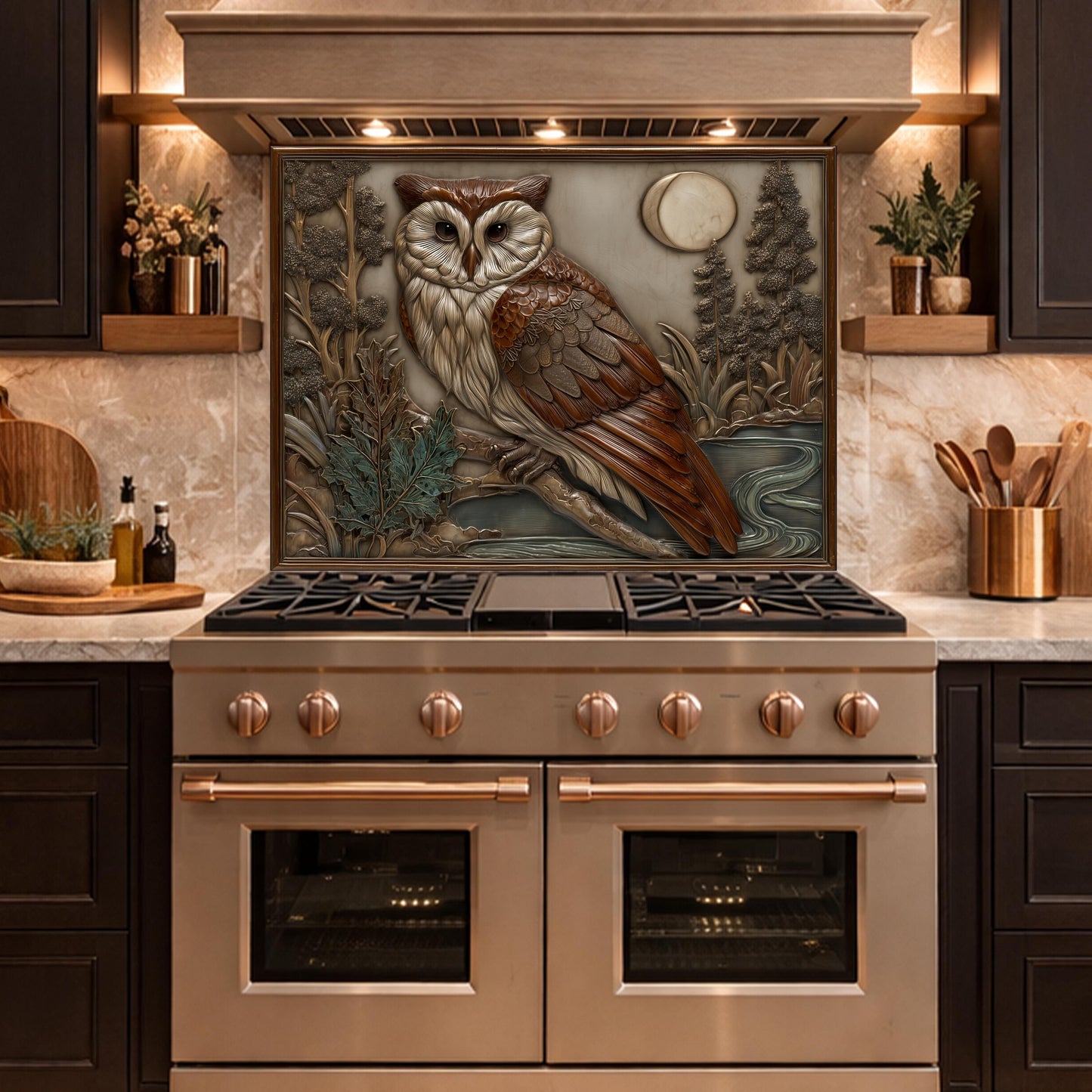 Moonlit Owl and Forest Tempered Glass Backsplash, Copper Relief Look Wall Panel