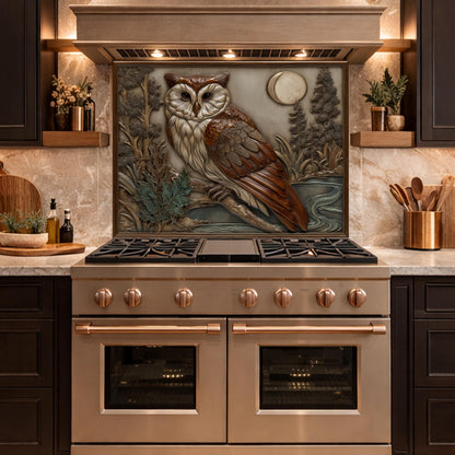 Moonlit Owl and Forest Tempered Glass Backsplash, Copper Relief Look Wall Panel