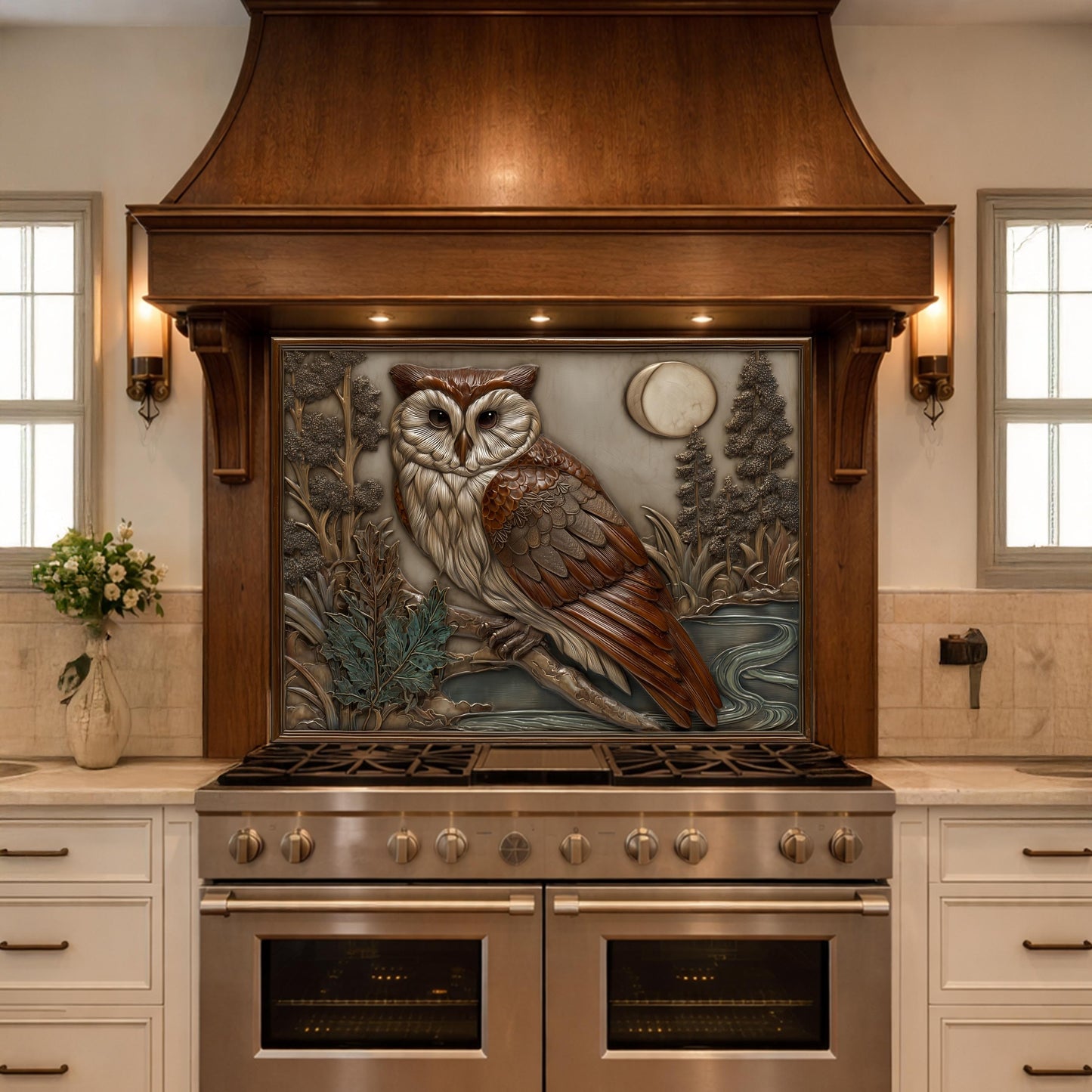 Moonlit Owl and Forest Tempered Glass Backsplash, Copper Relief Look Wall Panel