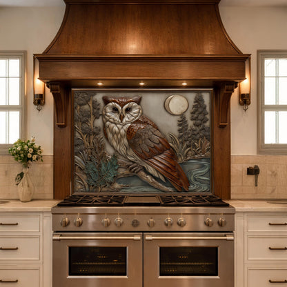 Moonlit Owl and Forest Tempered Glass Backsplash, Copper Relief Look Wall Panel